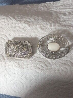 Antique, Victorian,Silver Filigree Brooches with Mother of Pearl,Crystal Accent